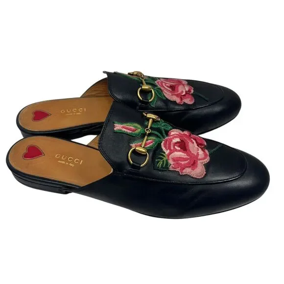 Gucci Princetown Rose Embroidered Black Loafer Mules Sz 40 Designer Iconic Flats - Picture 10 of 11